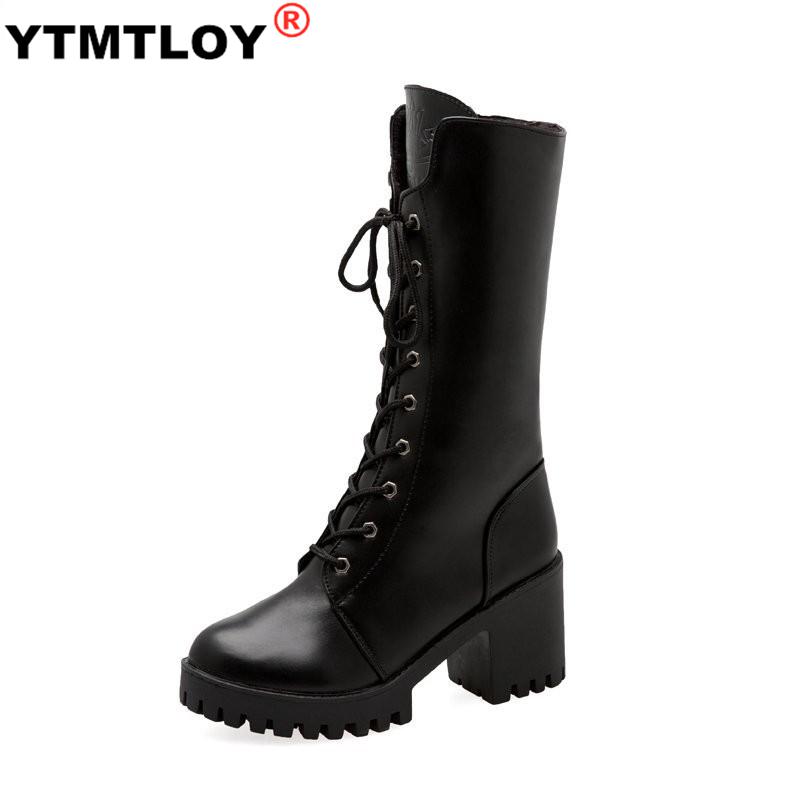 

2020 New Buckle Winter Motorcycle Boots Women British Style mid-calf Boots Gothic Punk square Heel solid Boot Women Shoes, Black