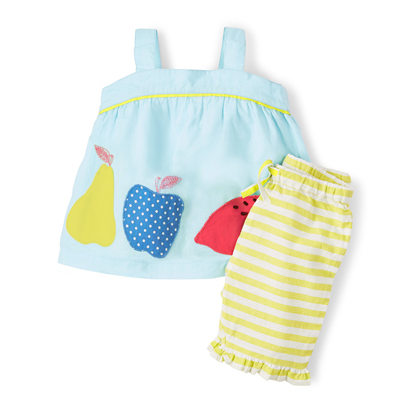 

Little Maven New Summer Lovely Sleeveless Blue Appliques Fruits Apple Pear O-neck Cotton Woven Girls Casual 1-6yrs Tshirt Sets, Light blue