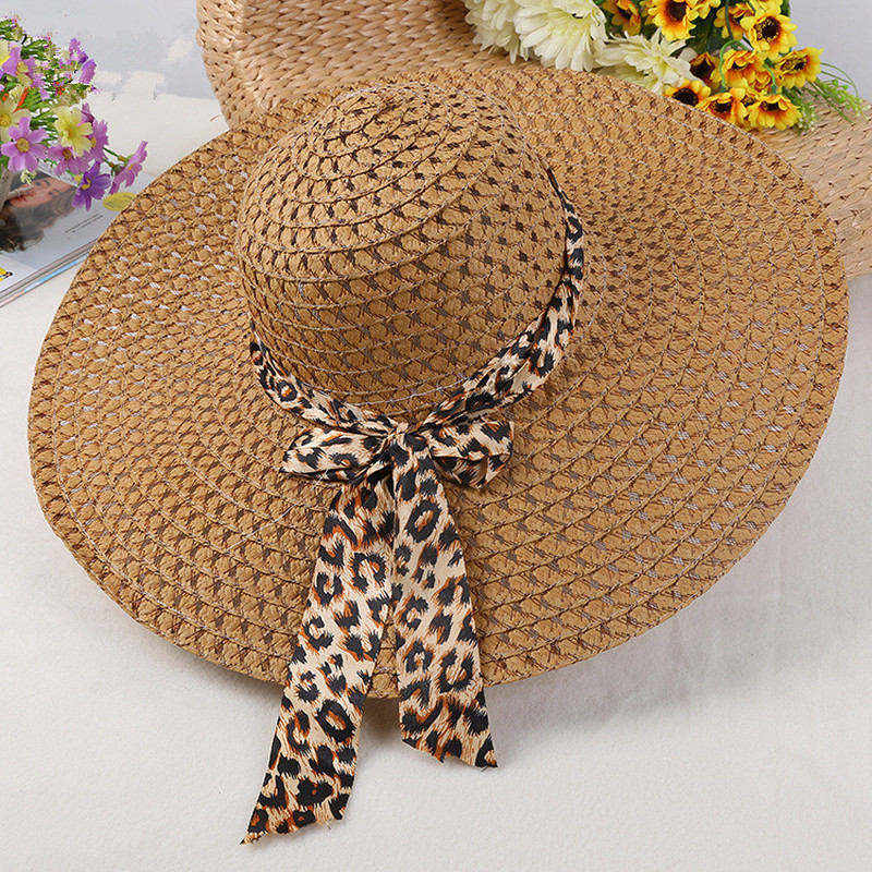 

2020 New Fashion Sun Hats for Women Girls Wide Brim Floppy Straw Hat Summer Bohemia Beach Cap Ribbon Leopard chapeau femme
