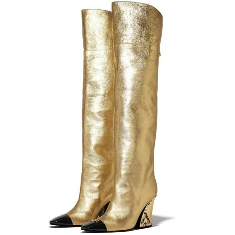 

Womens Wedge Boots Lady Gold High Tall Boot Woman Knee Winter Boots Ladies High Heel Shoes Women Shoe Diamond