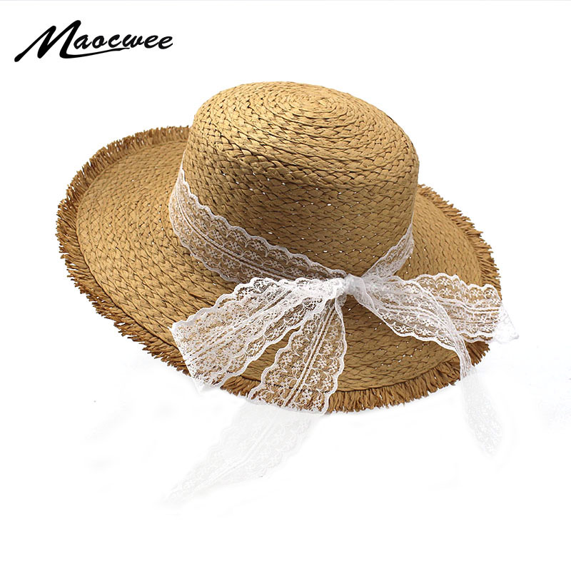 

Simple Women Summer Hats Large Paper Straw Hat Lace Ribbon Lace Beach Caps Fashion Ladies Panama Sun Hat for a Girl Chapeau