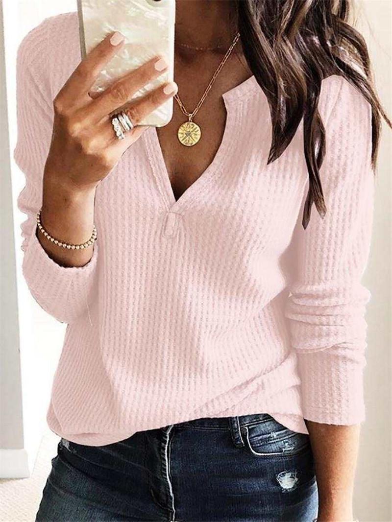 

Blouse Fashion Designer Long Sleeve T-Shirt Womens Solid T-Shirt Casual Female Clothes Spring Female V-Neck, Pink