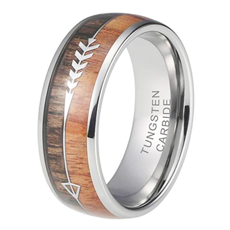 

2020 New Men's Tungsten Steel Ring Arc Inlaid Wood Skin + Fishbone Men's Ring Jewelry