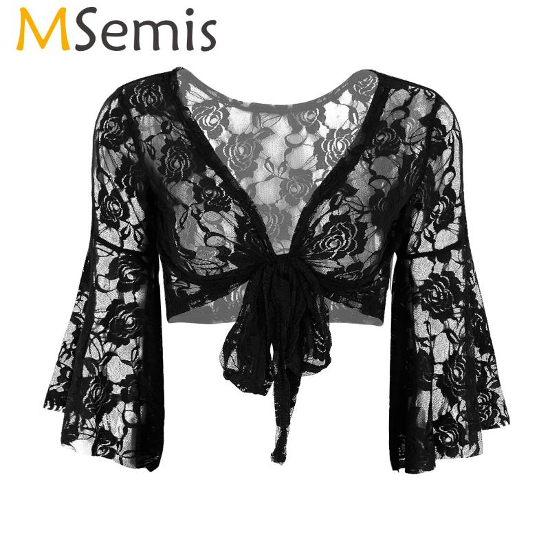 

MSemis Women Belly Dance Top Shawl Shirts Long Flare Sleeve Butterfly Lace Ballerina Shrug Lyrical Dance Costume Cardigan Wrap, Black
