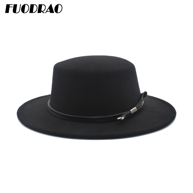 

FUODRAO New Men's Flat Fedora Hat, Women's Faux Wool Blended Jazz Hat, Wide Brim Simple Flat Top Hat P16, Black
