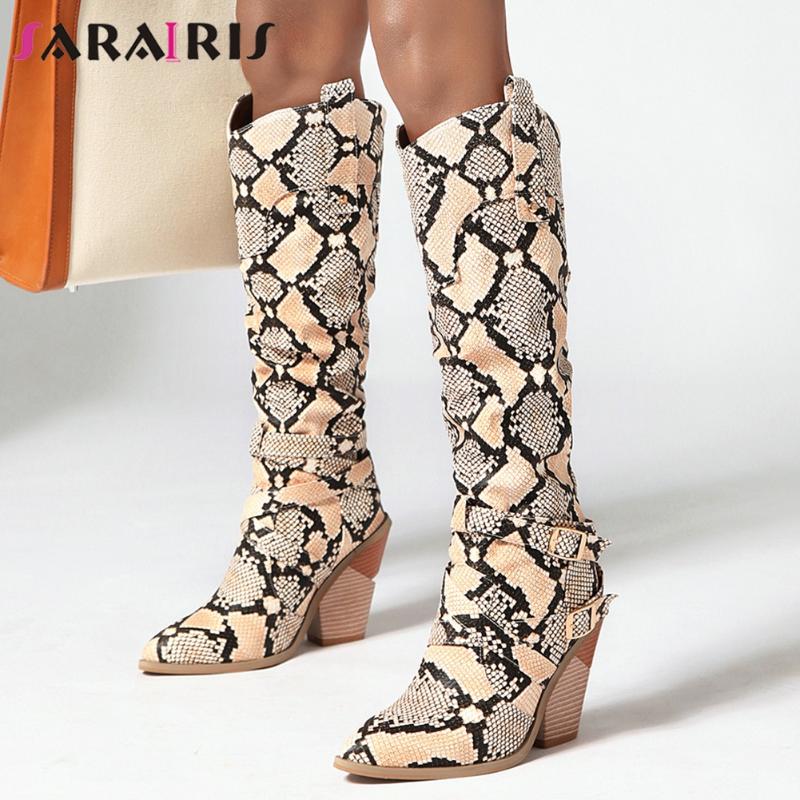 

SARAIRIS 33-46 New Fashion Ladies Brand High Chunky Boots Women Pointed Toe Boots Women Snake Veins Prints Mid Calf Shoes Woman, Beige