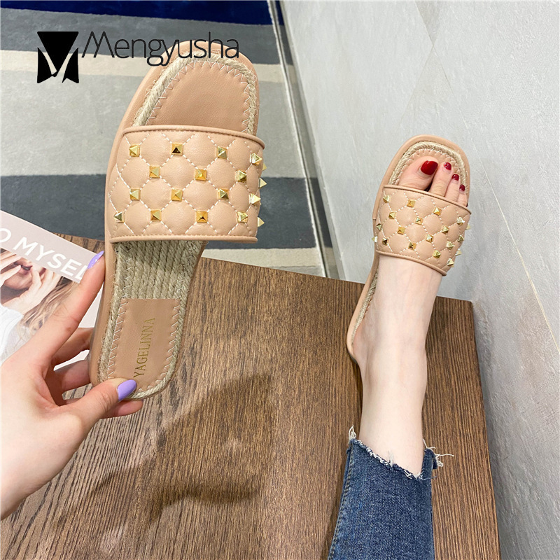 

Rivets sewing lattices open toe espadrilles sandals women knitted flats slides metal studs square toe cane weaved sandalias, Pink