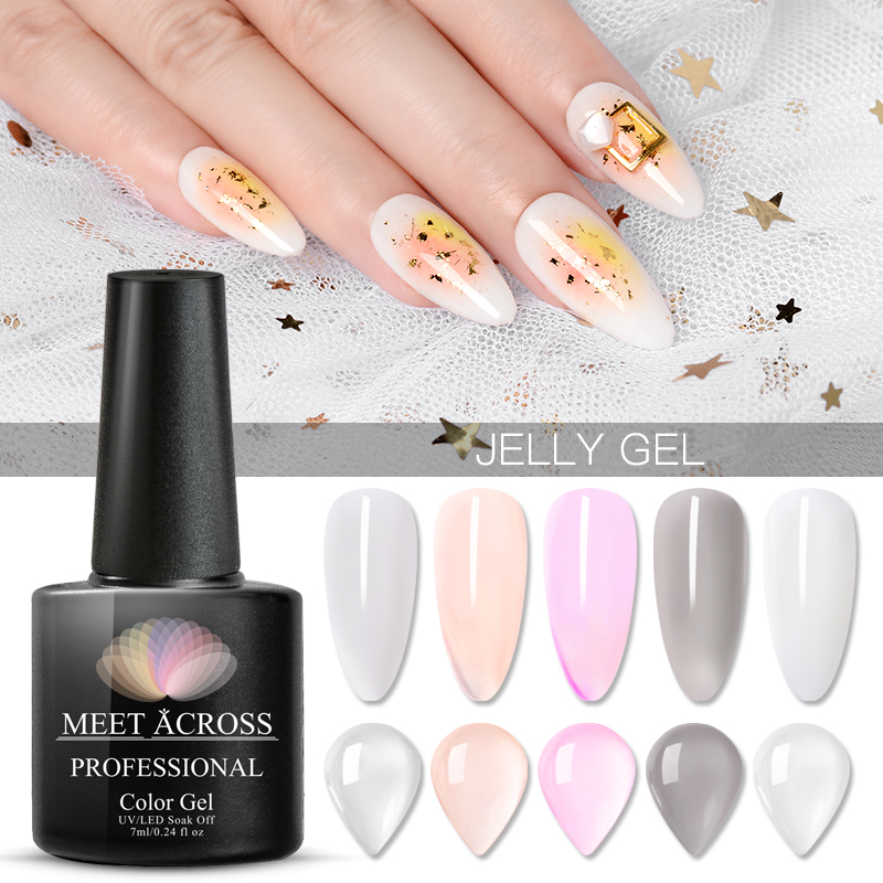 

MEET ACROSS 7ml Jelly Nail Gel Polish Semi-transparent White Pink Varnish Soak Off Manicure Nail Art UV Gel Lacquer, Fw3117