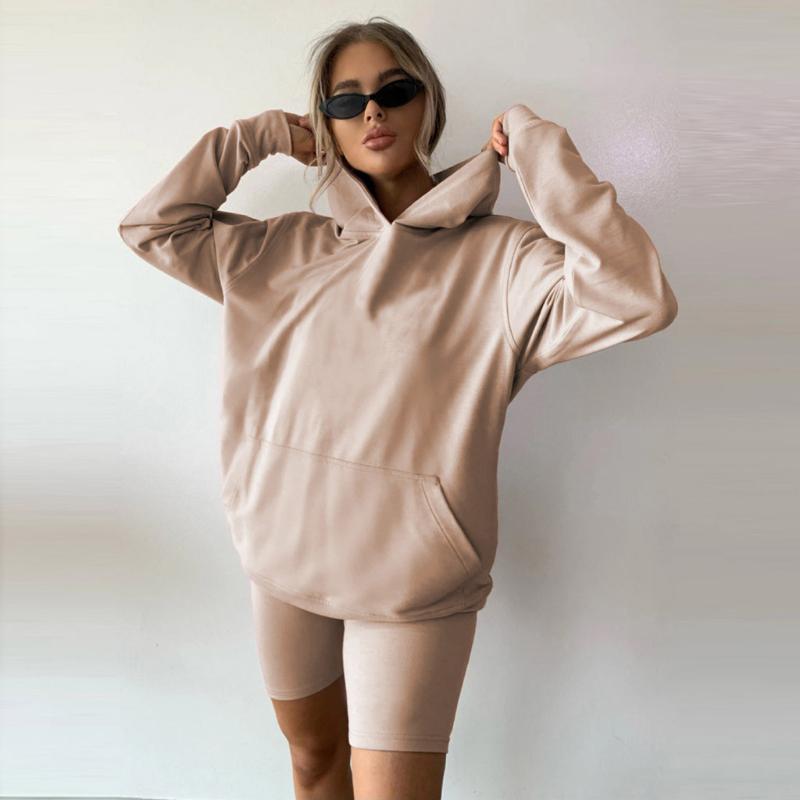 

Casual woman Hooded Long Sleeve Two Piece Sets Women Pocket Autumn Loose Sweatshirt And Short Pants Basic Solid Tracksuit New#3, Pink