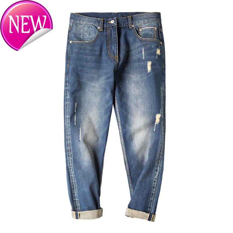 

Washed 2020 New Regular Fit Destroyed Frayed Ripped Jeans Ankle Length Jeans Vintage Teenagers Streetwear Trousers, Blue