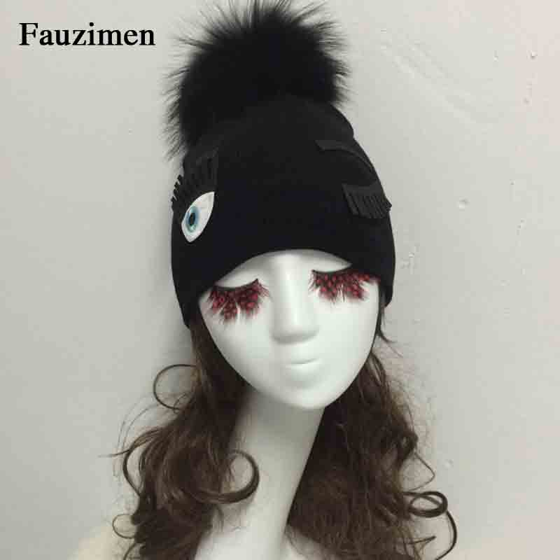 

Sale Custom Luxury Real Angora wool Winter Hat Fur Raccoon Pom Pom Beanie Hat Fashion Women Korean Lady Knit, White