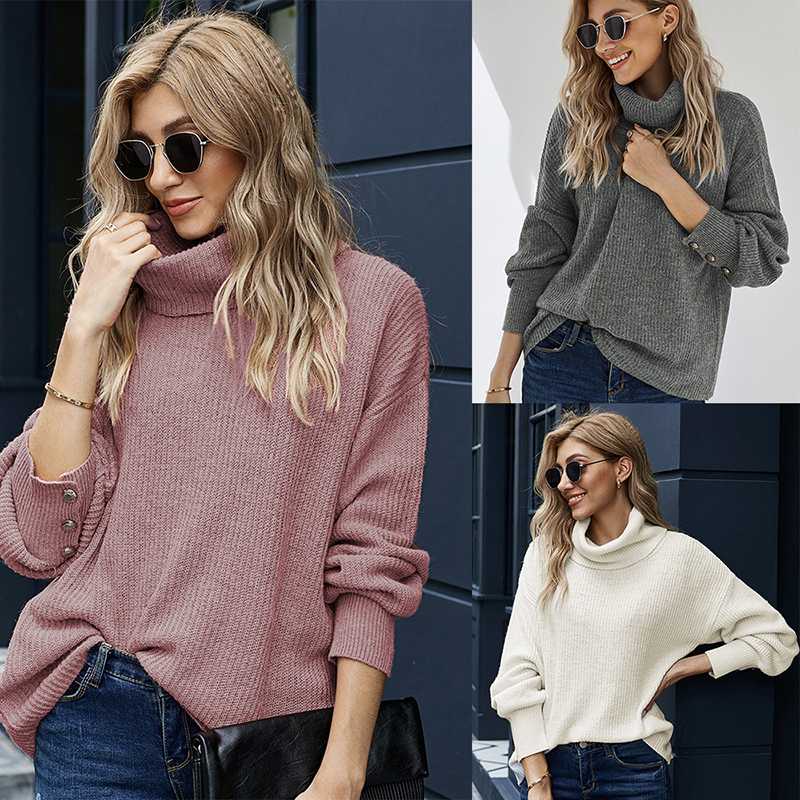 

Elegant 2020 Women Thick Sweater Casual Warm Turtleneck Lantern Sleeves Loose Pullovers Winter Solid Color knitted Top For Women, Pink