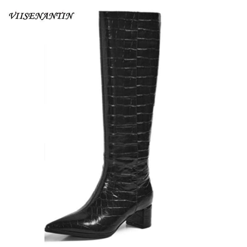 

VIISENANTIN Real Leather Boots Catwalk New Mid-heel Leather Crocodile Print Knight Boots Woman handsome British, Black leather in
