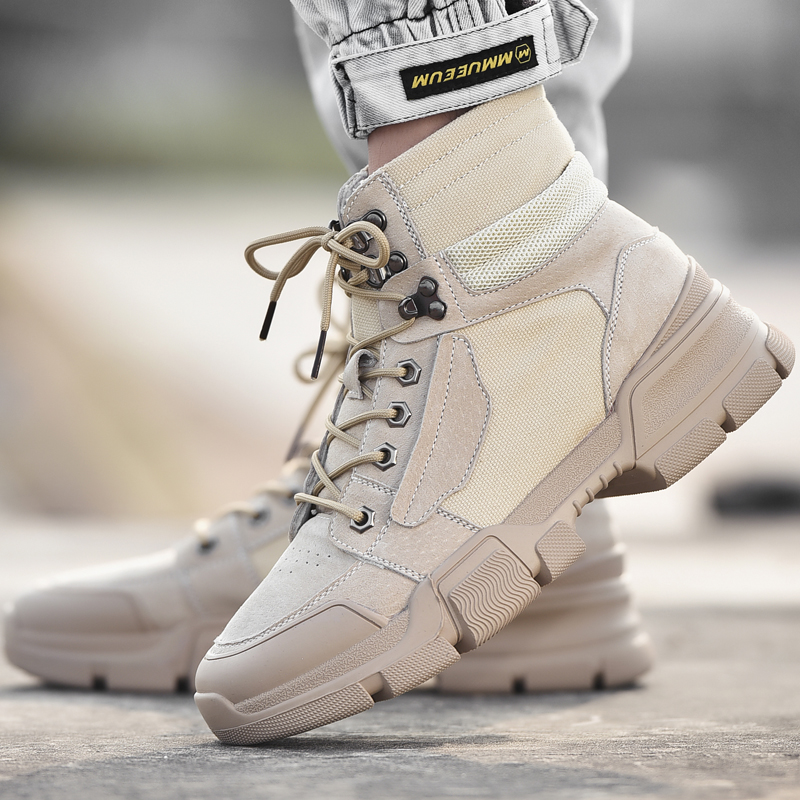 

Men Boots Autumn Shoes outdoor lace up high top Non-Slip Tooling Shoes men British Style ankle Boots Male, Beige