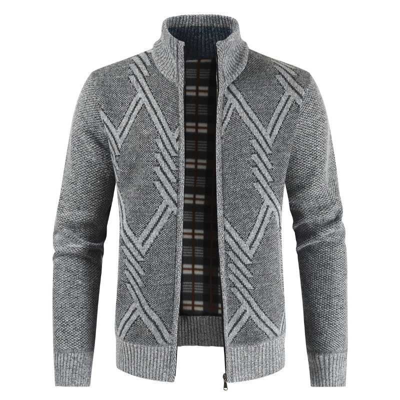 

Stand collar knit jacket men's geometric pattern fashion slim trend Korean knit cardigan plus velvet warm sweater 2020 New, Brown