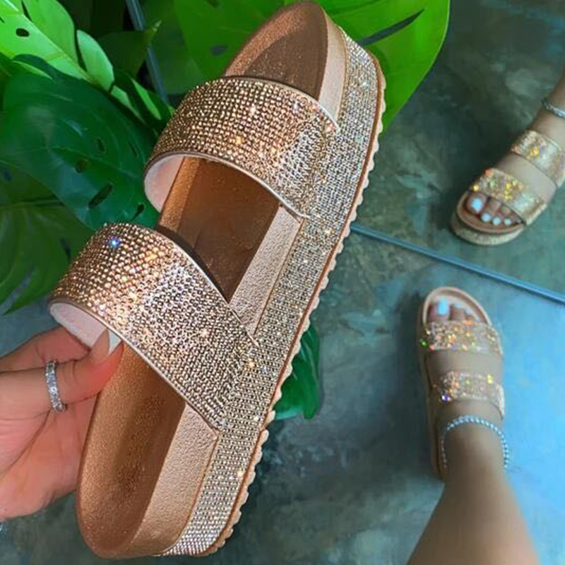 

Women Slippers Glitter Woman Crystal Slides Women's Comfort Thick Bottom Flats Ladies Platform Shoes Female OutdoorShoe Big Size, Black