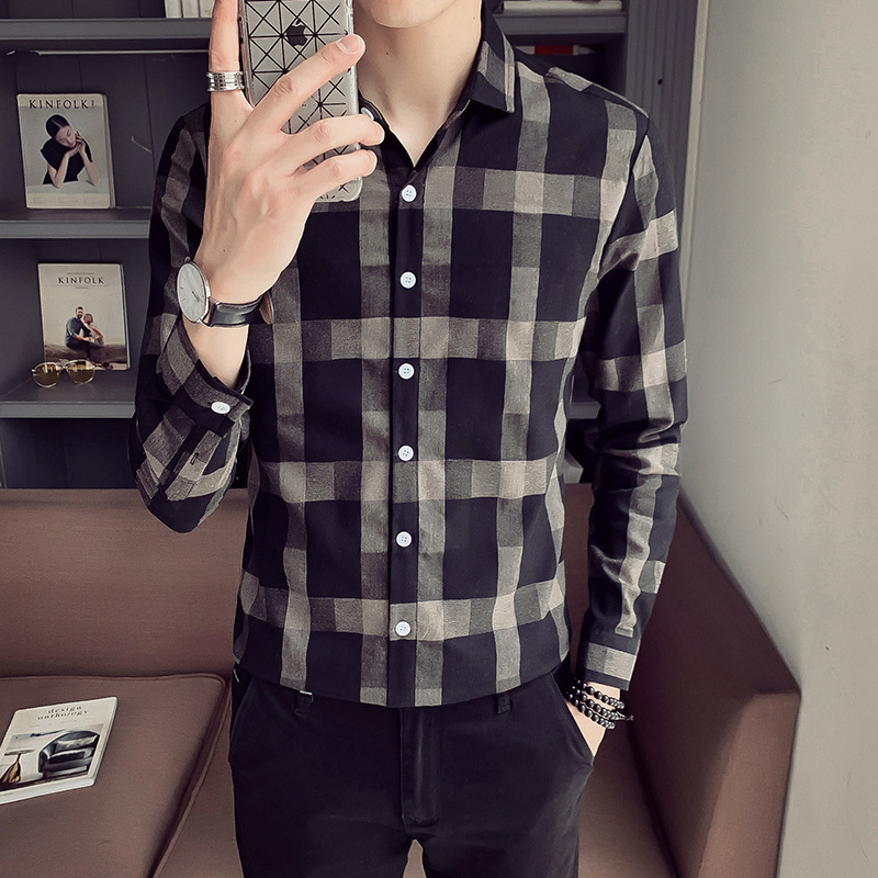 

Men's Shirt 2020 Spring New Handsome Wild Retro Plaid Long Sleeve Slim Long Sleeve Shirt Youth Personality Fashion Men's Wear, Black
