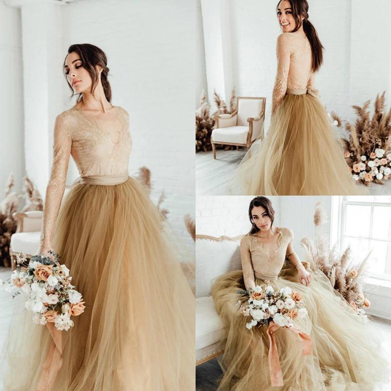 

Champagne Gold Wedding Dresses with Long Sleeve 2021 Lace Tutu Long Sleeve Gothic Country Beach Wedding Gown abiti da sposa