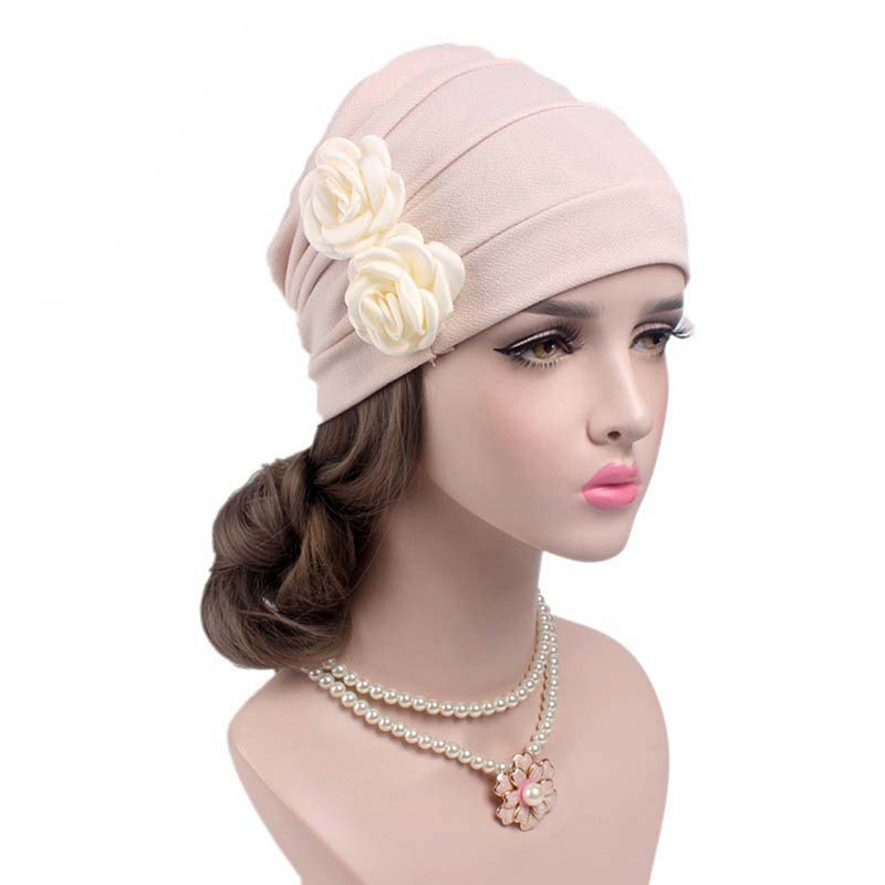 

Unique Design Flower Hair Loss Head Scarf Wrap Women's Hat Muslim Stretch Turban Hat Bonnet Femme Balaclava Bonnet Femme, Black