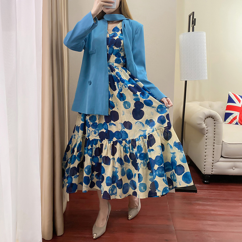 

Autumn Women blue Long Sleeve Blazer with Floral Print Long Dress Suits 2020 Spring Elegant Office Ladies Sashes 2 Piece Set, Blue dress