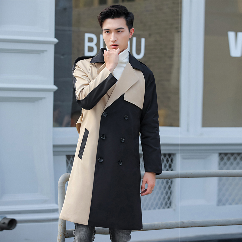 

New Contrast Color Men Trench Luxury Medium Length Mens Jackets And Coats Plus Size 4xl Fashion Slim Fit Casual Jackets Men, Beige navy