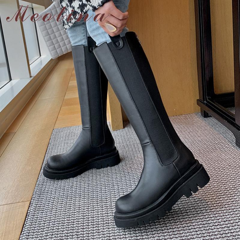 

Meotina Riding Boots Women Shoes Genuine Leather Platform Flats Knee High Boots Zipper Long Ladies Autumn Winter Black 39, Black synthetic lin