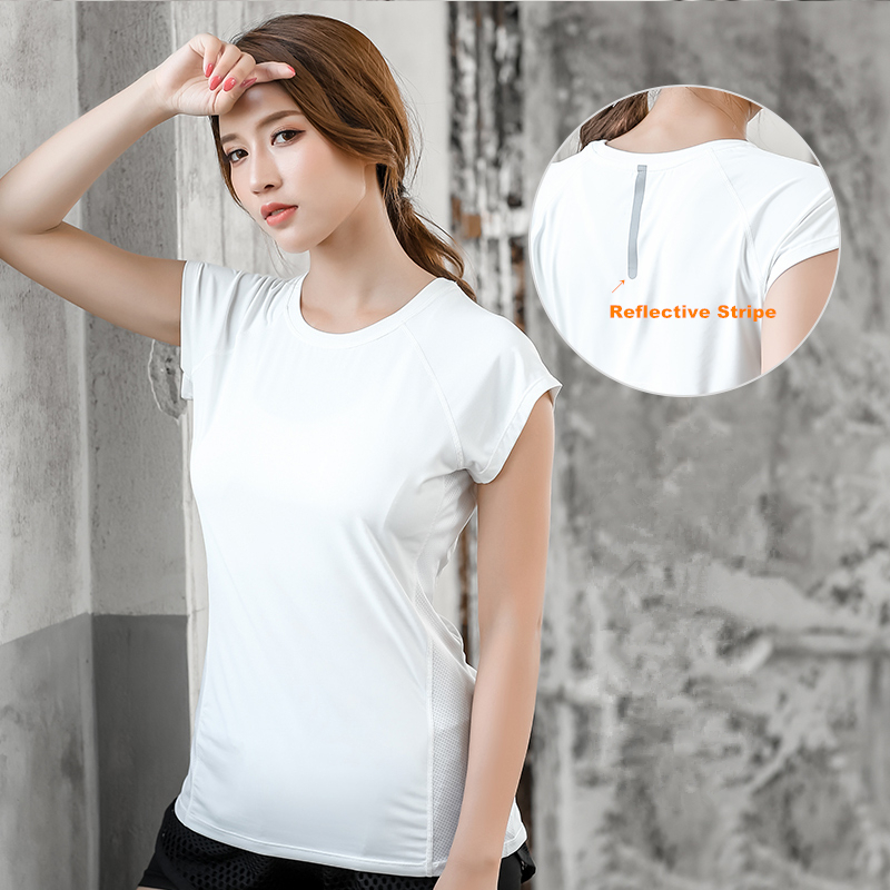

Summer Women Yoga T-shirt Elastic O-neck Blouse Short Sleeve Tops Breathable Tees Reflective Stripe Running Shirt Quick Dry Tops, Tx381 01