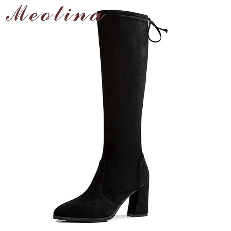 

Meotina Knee-High Boots Women Shoes Pointed Toe Chunky Heels Boots Ladies Lace Up High Heel Long Autumn Winter Khaki Black, Khaki synthetic lin
