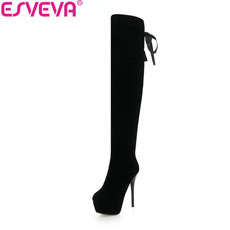 

ESVEVA 2020 Women Winter Boots Shoes Zipper Over The Knee Boots Thin High Heels Shoes Short Plush Autumn Woman Size 34-43, Black