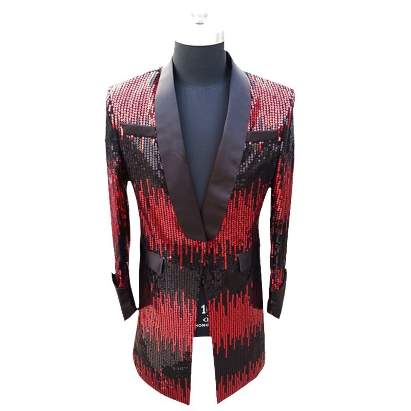 

Long Jacket Men Gradient Sequin Colorful Blazer For Men Slim Fit Shinny Sequin Suit Jacket Stage Club Party DJ Clothing, Redblack