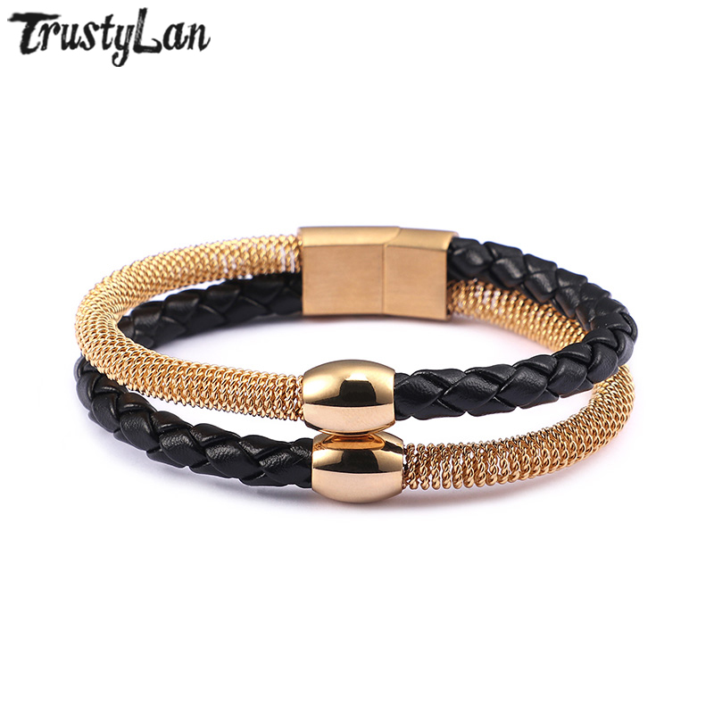 

TrustyLan New Gold/Silver Color 316L Stainless Steel Bracelet Men Fashion Woven Leather Wrap Bracelets & Bangles Wristband
