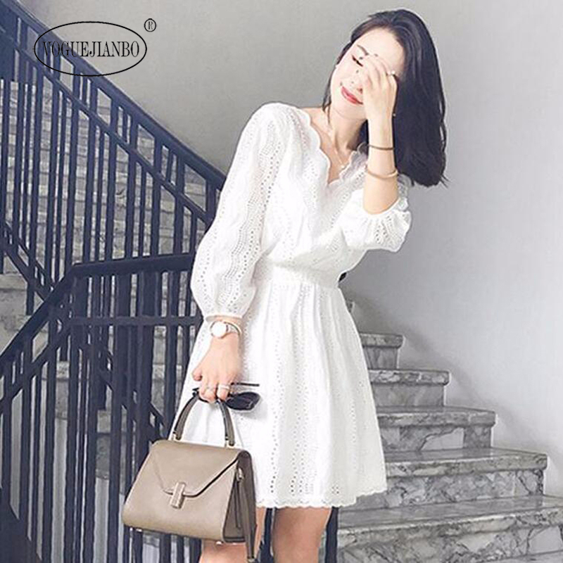 

Spring and summer 2020 new women clothes south Korean holiday beach little fragrant fairy lantern long sleeve hollow lace dress, White