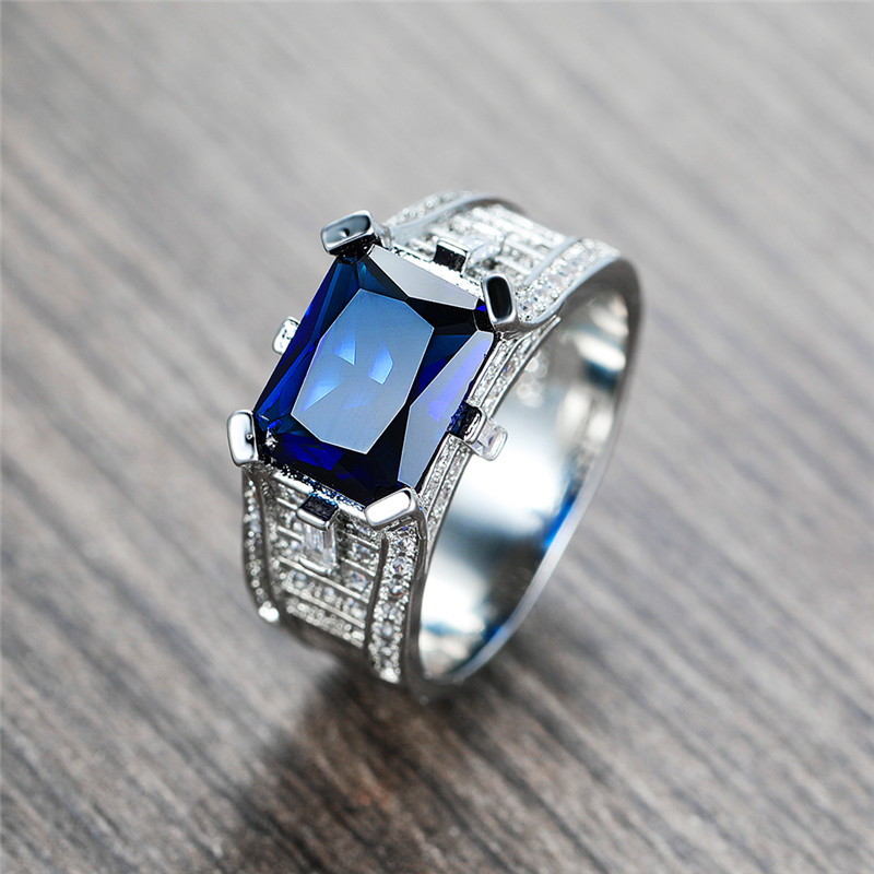 

Luxury Female Crystal Blue Stone Ring Dainty Silver Color Big Wedding Rings For Women Promise Bridal Square Engagement Ring