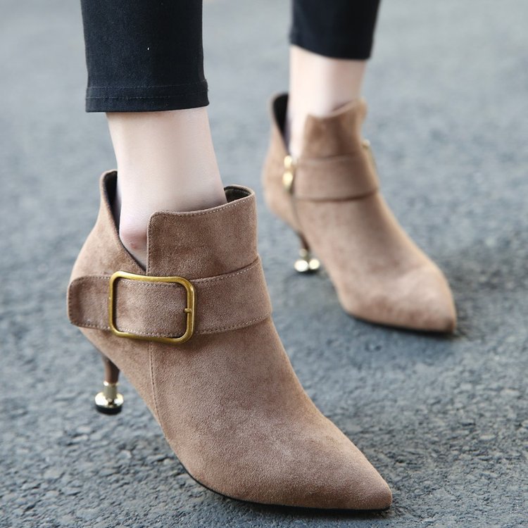 

Short boots women 2020autumn and winter new fashion ladies pointed suede belt buckle high heel stiletto short tube women's boots, Black