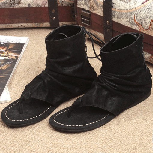 

Korean Style New Summer Flip flops High top Cow leather Beach Ankle Gladiators Leisure Sandals, Black