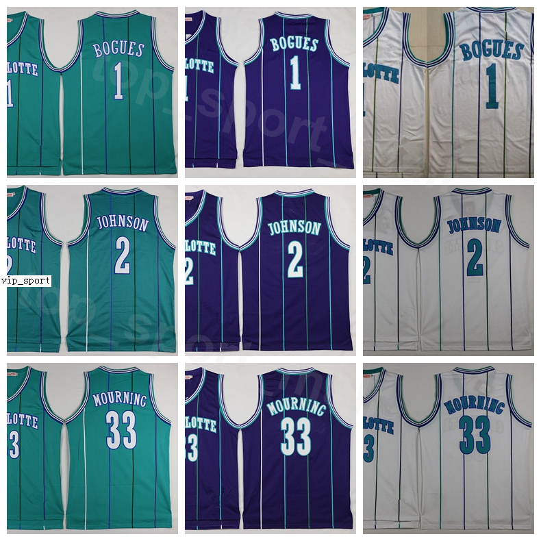 

Men Vintage Basketball Alonzo Mourning Jerseys 33 Tyrone Muggsy Bogues 1 Larry Johnson 2 Green White Purple Team Stitched Good Quality, 1 purple