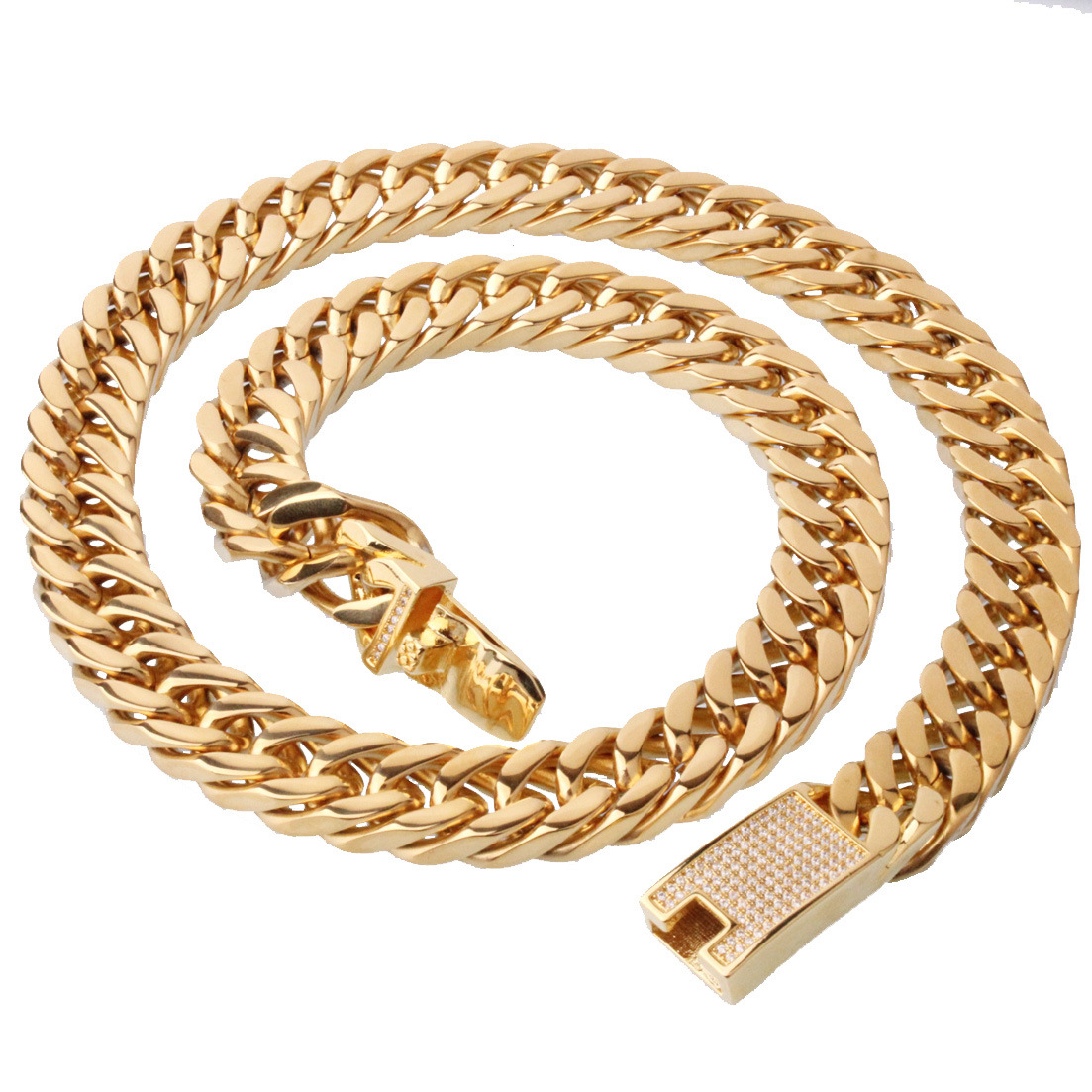 

Men Titanium Steel Double Woven Double Buckle Gold Electroplated Necklace Black and White Diamond Buckle 15mm