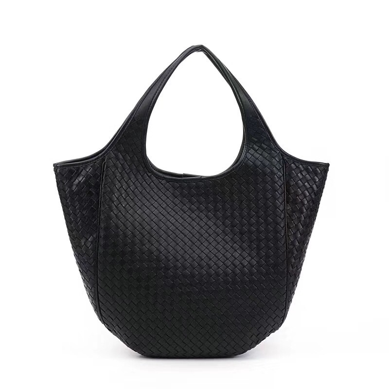 

Women Bag Real Leather Large Capacity Laptop Handbag Geuine Soft Leather Knitted Shopping Purse Tote, Black