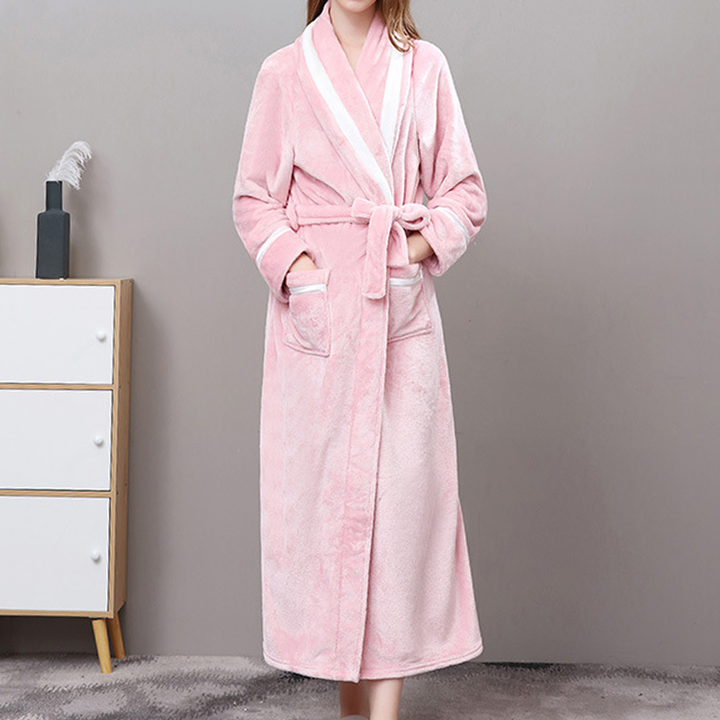 

Winter Womens Robes Sleepwear Thick Warm Flannel Kimono Bathrobe for Women Solid Long Sleeve Coral Velvet Nightwear Homewear, Navy blue