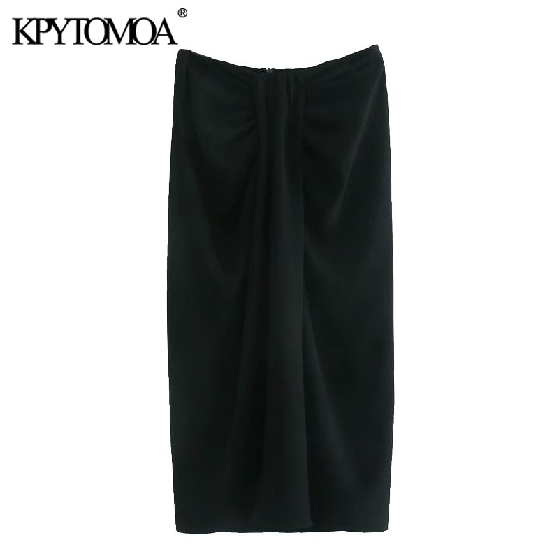 

KPYTOMOA Women 2020 Chic Fashion With Knot Pleated Wrap Midi Skirt Vintage High Waist Back Zipper Slit Female Skirts Mujer, As picture
