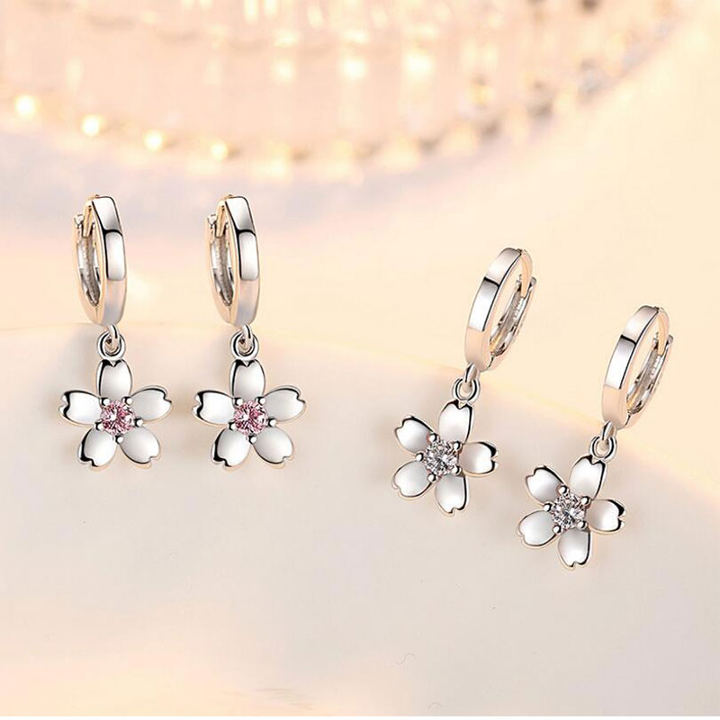 

Sweet Cherry Blossom Shape Dangle Earring With Pink Zircon Embellished Ear Jewelry For Women S-E451