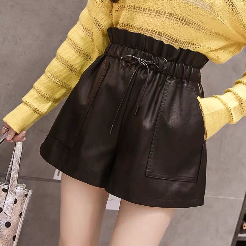 

Autumn Winter New High Waist Shorts Women Flower Bud Wide Leg Leather Shorts Plus Size Casual Korean Loose Skinny Black