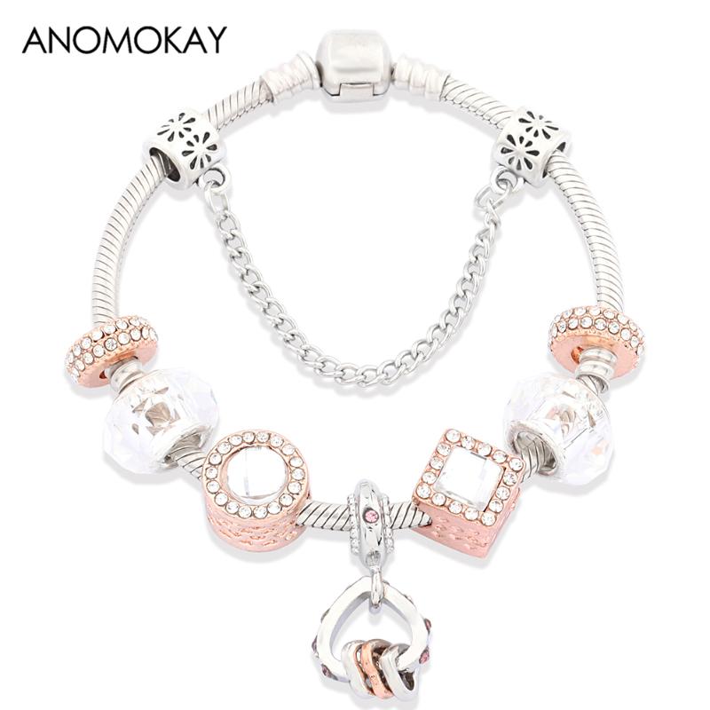

Dropshipping New Classic Gold Color Heart Pendant Charm Bracelets & Bangles White Crystal Beads Bracelets DIY Jewelry Gift