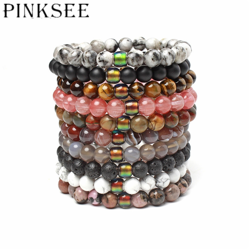 

Pinksee 9 Colors Creative Trendy Natural Stone Tiger Eye Volcanic Stone Bracelet Thermochromic Bead Bracelet for Couple Jewelry