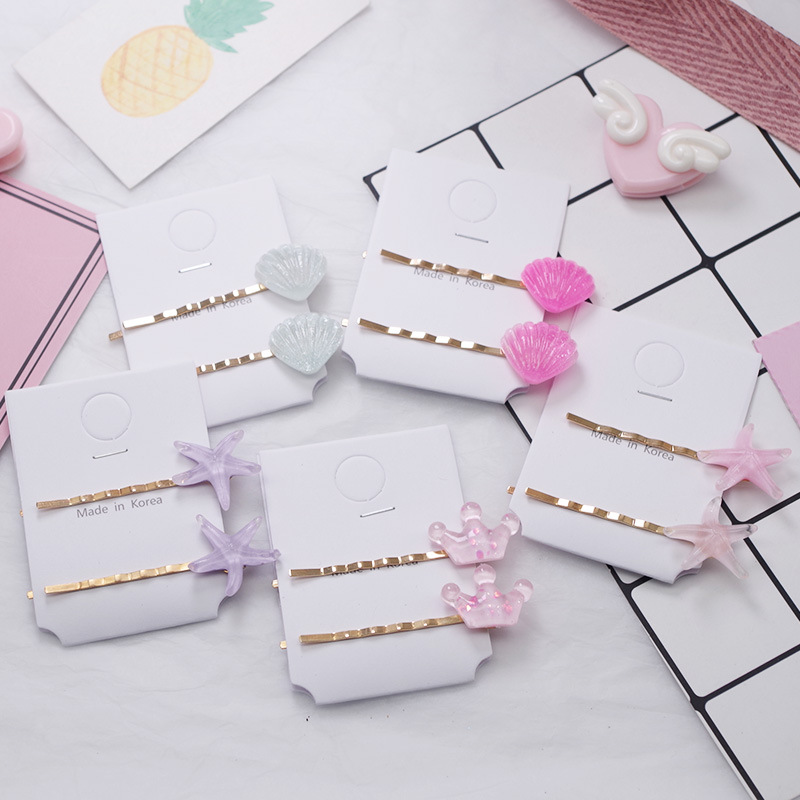 

2Pcs New Girls Hair Clips Cute Shell Starfish Crown Hair Pin Headwear Korean Barrettes Children Hairpin Princess Accessorie, A5