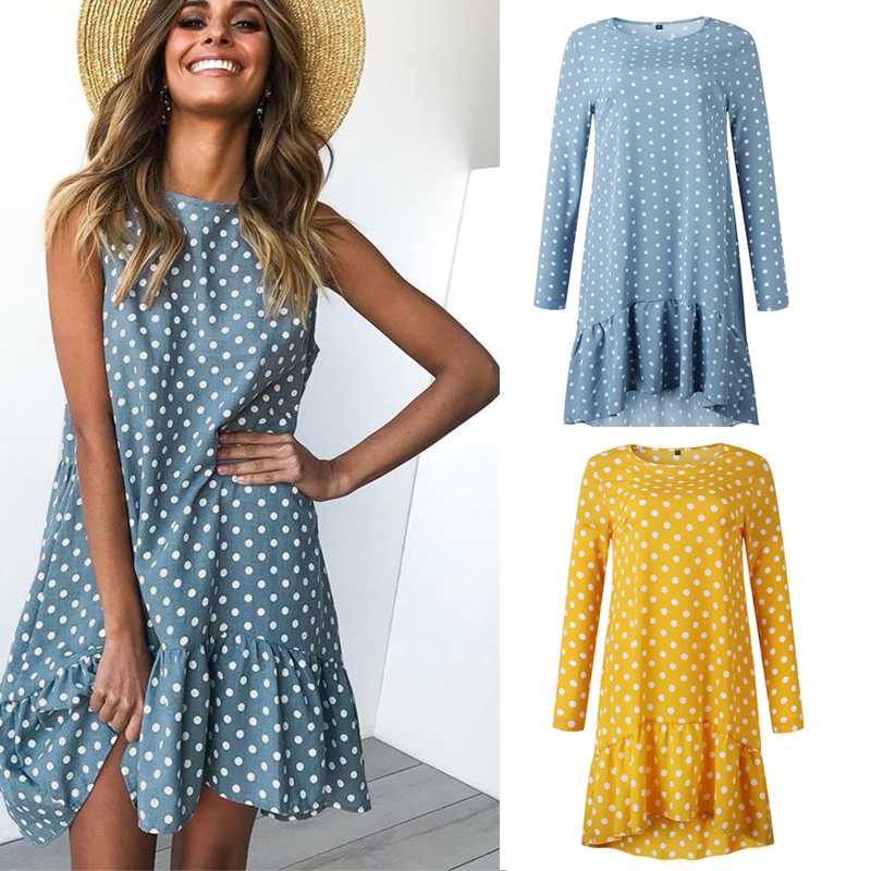 

Wave Point Dress Ruffle Women 2020 Spring Summer Street Sexy Casual Slim Thin Beach Party O Neck Mini Polka Dot Dress Vestidos, Navy blue