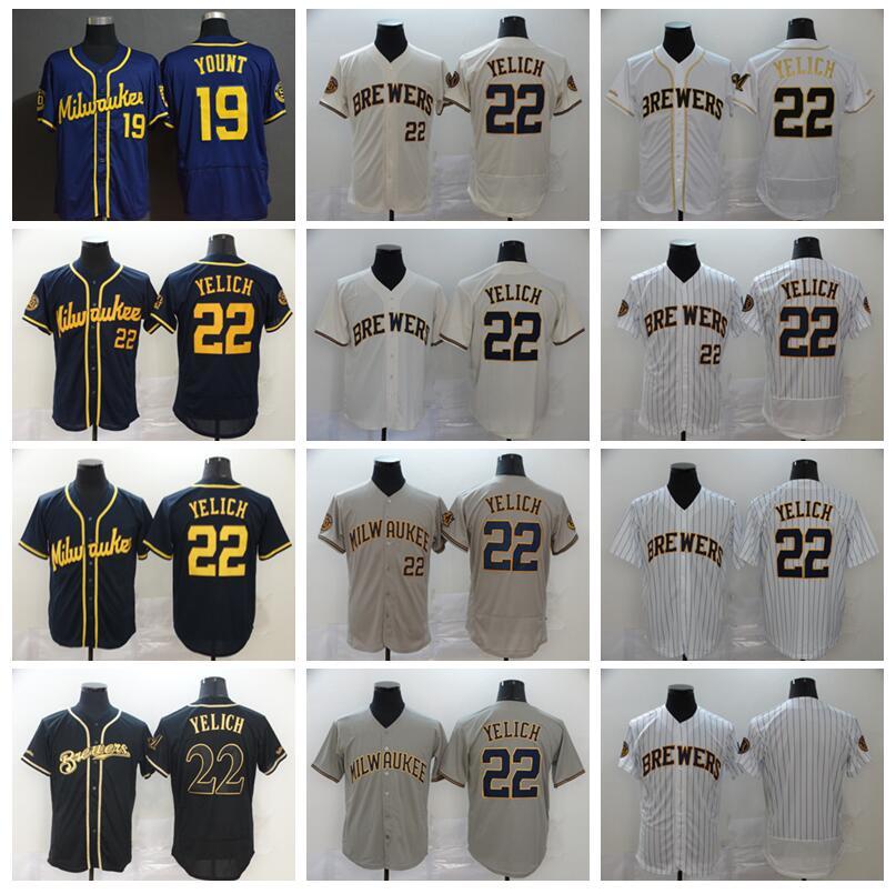 

2020 Men Baseball 22 Christian Yelich Jersey 19 Robin Yount Flexbase Pinstripe Cool Base Navy Blue White Grey All Stitched Good Quality, 22 white