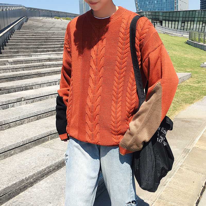 

Winter New Sweater Men Warm Fashion Contrast Color Casual O-neck Sweater Pullover Man Streetwear Loose Long-sleeved, Black