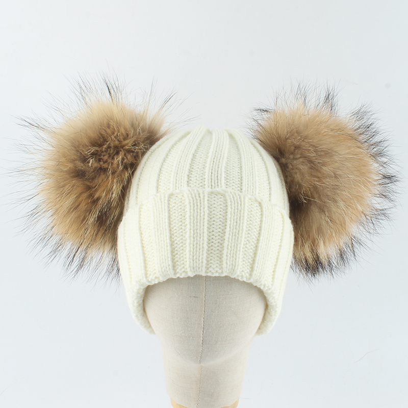 

2020 Winter Hat For Kids Real Raccoon Hair Ball Knitted Woolen hats Warm Beanies Double Pompom Baby Girls Boy Children