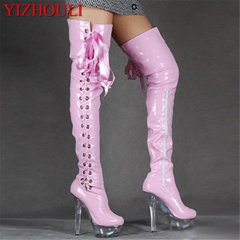 

15cm high-heeled shoes crystal cutout boots lacing over-the-knee platform boots Thigh High for Women 6 inch ladies, Black